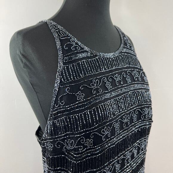 VINTAGE Stenay Black Gray Beaded Silk High Neck Tank Sparkle Scalloped VTG XL - Picture 5 of 8